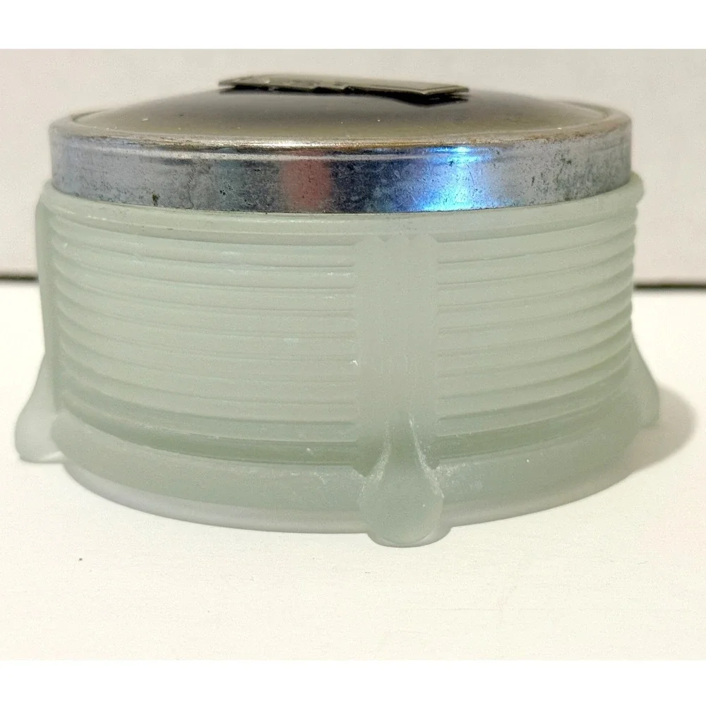 Vintage Art Deco Powder Jar Frosted Glass Metal Lid Skyscraper Vanity Trinket